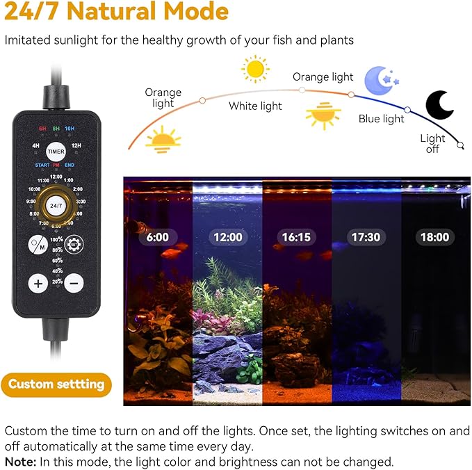 hygger 36W 24/7 Lighting Aquarium LED Light, Sunrise-Daylight-Moonlight and DIY Mode, Adjustable Timer/Brightness/Color Full Spectrum Aquarium Light with Extendable Bracket for 36-42 Inch Fish Tank