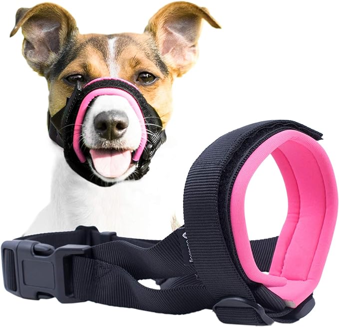 Gentle Muzzle Guard for Dogs - Prevents Biting and Unwanted Chewing Safely – New Secure Comfort Fit - Soft Neoprene Padding – No More Chafing – Training Guide Helps Build Bonds with Pet (L, Pink)