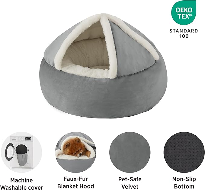 Lesure Medium Dog Bed with Cover Cave - Covered Round Dog Bed for Small and Medium Dogs, Machine Washable Burrow Pet Bed with Hooded Blanket, Cuddler Cozy Cave Dog Bed with Anti-Slip Bottom, Grey 26"