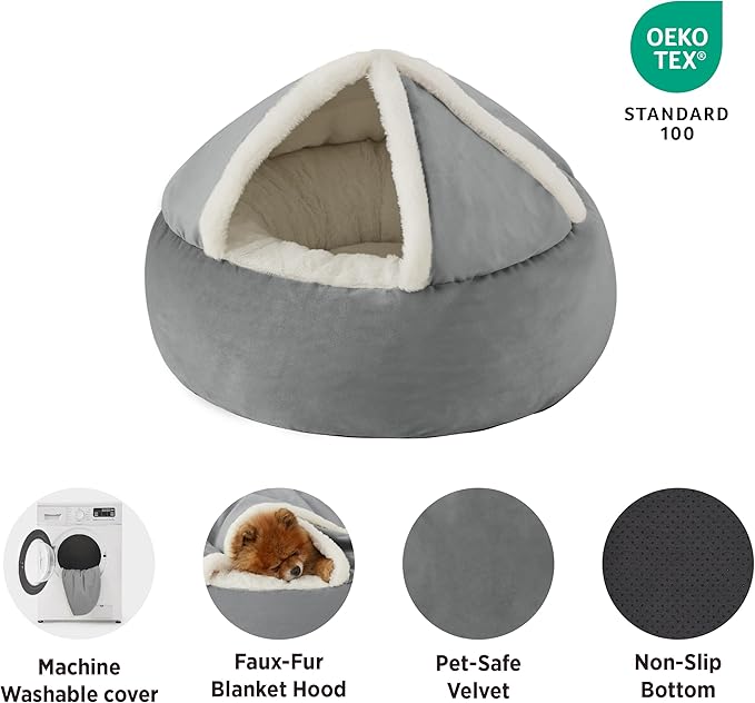 Lesure Small Dog Bed with Cover Cave - Covered Round Puppy Bed with Hooded Blanket, Machine Washable Burrow Pet Bed for Small Dogs and Cats, Cuddler Cozy Cave Dog Bed with Anti-Slip Bottom, Grey 23"