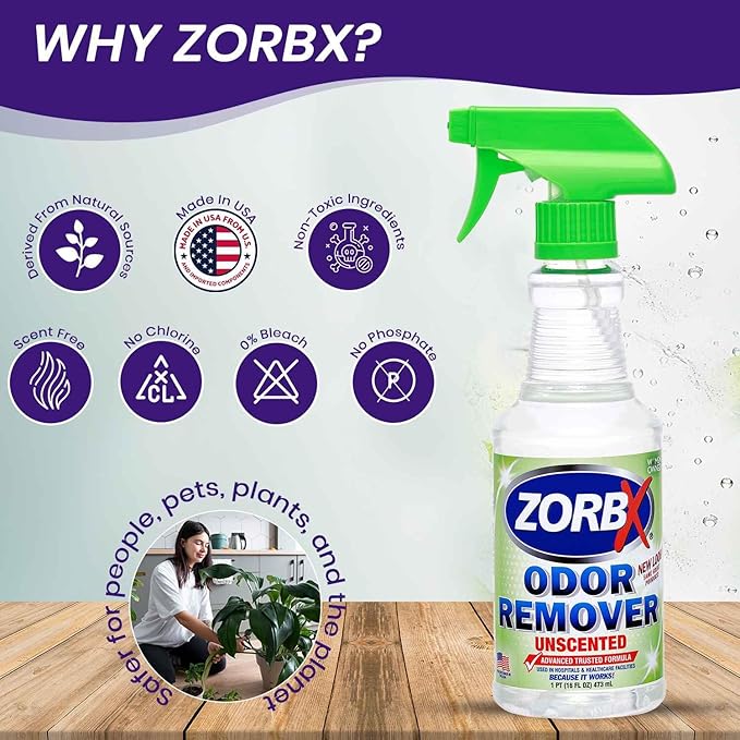 ZORBX Unscented Odor Eliminator for Strong Odor - Used in Hospitals & Healthcare Facilities | Advanced Trusted Formula, Fast-Acting Odor Remover Spray for Dog, Cat, House & Carpet (16 Oz.)