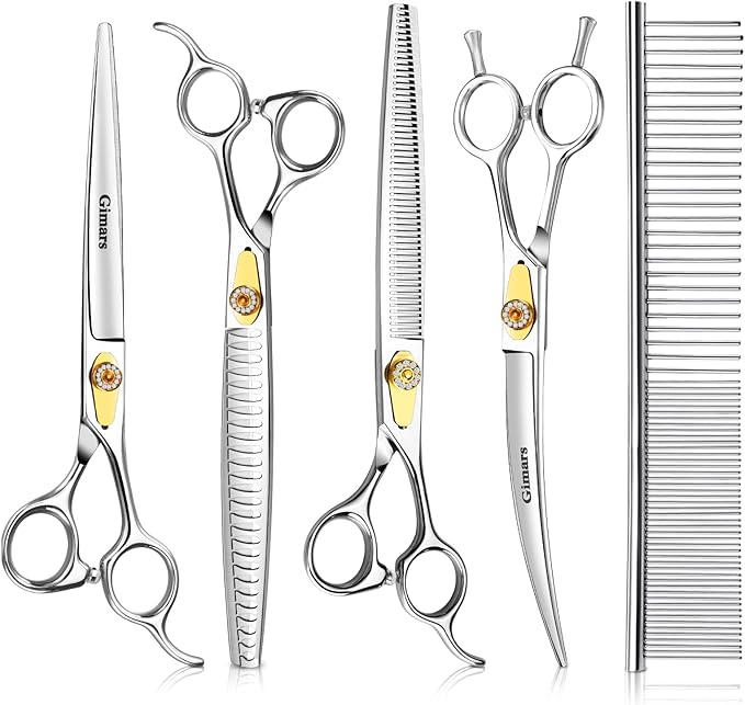 Gimars 8 Inch Professional 440C Stainless Steel Dog Grooming Scissors Heavy Duty 6 In 1 - Straight, Thinning, Chunker, Curved Shears and Comb, Ergonomic Pet Grooming Scissor for Dogs, Cats