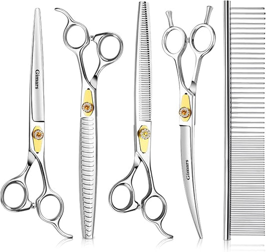 Gimars 8 Inch Professional 440C Stainless Steel Dog Grooming Scissors Heavy Duty 6 In 1 - Straight, Thinning, Chunker, Curved Shears and Comb, Ergonomic Pet Grooming Scissor for Dogs, Cats