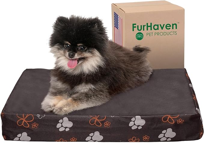 Furhaven Water-Resistant Memory Foam Dog Bed for Small Dogs w/ Removable Washable Cover, For Dogs Up to 20 lbs - Indoor/Outdoor Garden Print Mattress - Bark Brown, Small