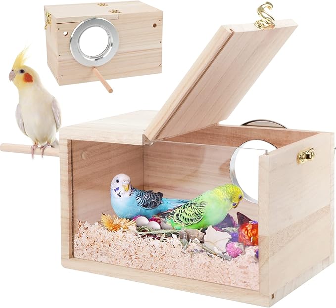 Rypet Parakeet Nesting Box Transparent Design, Bird Nest Breeding Box with Perch Wood Bird Cage House for Cockatiel Lovebirds Budgie Finch Parrotlets Canary