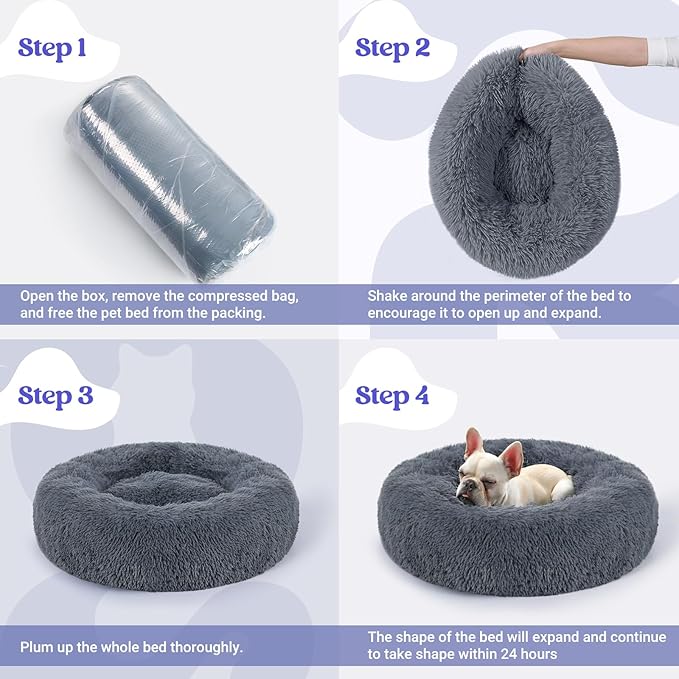 rabbitgoo Cat Beds for Indoor Cats, 24 inches Small Dog Bed Machine Washable, Fluffy Round Pet Bed Non-Slip, Calming Soft Plush Donut Cuddler Cushion Self Warming for Dogs Kittens, Dark Grey, Large