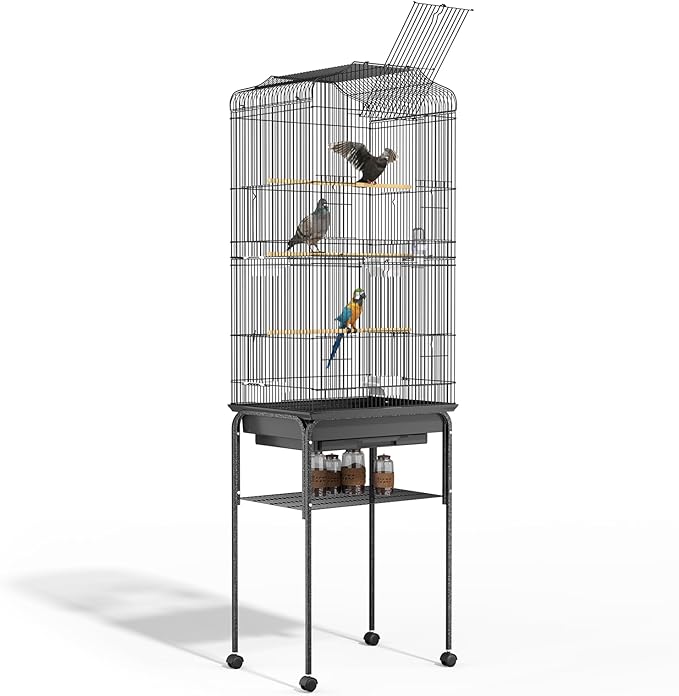 MoNiBloom 61 Inch Bird Cage with Detachable Rolling Stand, Large Flight Cage with Side-Out Tray for Parakeets Canaries Cockatiels Lovebirds Conures, Black