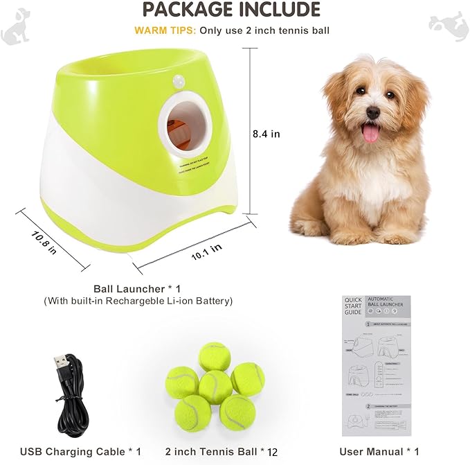 Automatic Ball Launcher for Dogs ，Interactive Dog Ball Thrower Adjustable Distance 10-30ft Tennis Ball Thrower Including 2-inch Small Sized Tennis Balls (Yellow green-12 Balls)