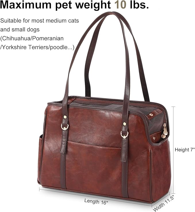Dog Carrier Purse, Fashion Leather Pet Carrier with Pockets, Airline Approved Soft Sided Dog Carrying Bag for Puppy Cat Dog Coffee