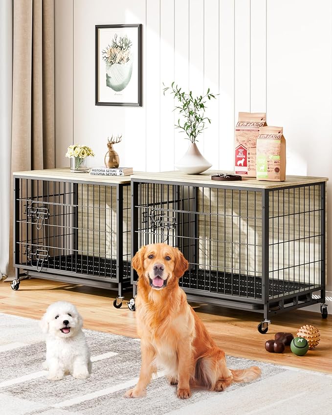 Dog Crate Furniture, 2024 Deluxe Wooden Dog Kennel with Removable Tray and Wheels, Heavy-Duty Double-Doors 27.2" Dog Cage End Table, Indoor Dog House for Large Dogs (Grey & Black, Small)