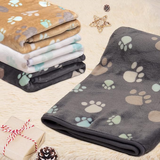 1 Pack 3 Blankets for Dogs Super Soft Fluffy Premium Fleece Pet Blanket Dogs Blankets for Dogs Flannel Throw for Dog Puppy Cat Paw Blanket，Grey/Brown/White，23x16inch