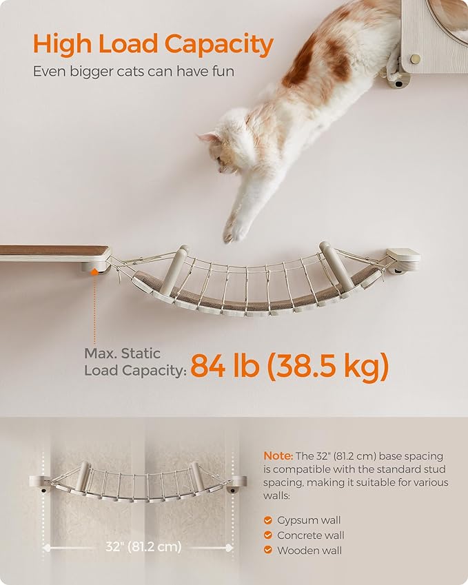 Feandrea Clickat Collection - No.003 Cat Bridge, Extremely Quick Assembly, Unlimited Expandability, Replaceable Module and Fabric Pad, Wall-Mounted Cat Perch for Indoor Cats, Cat Wall Furniture