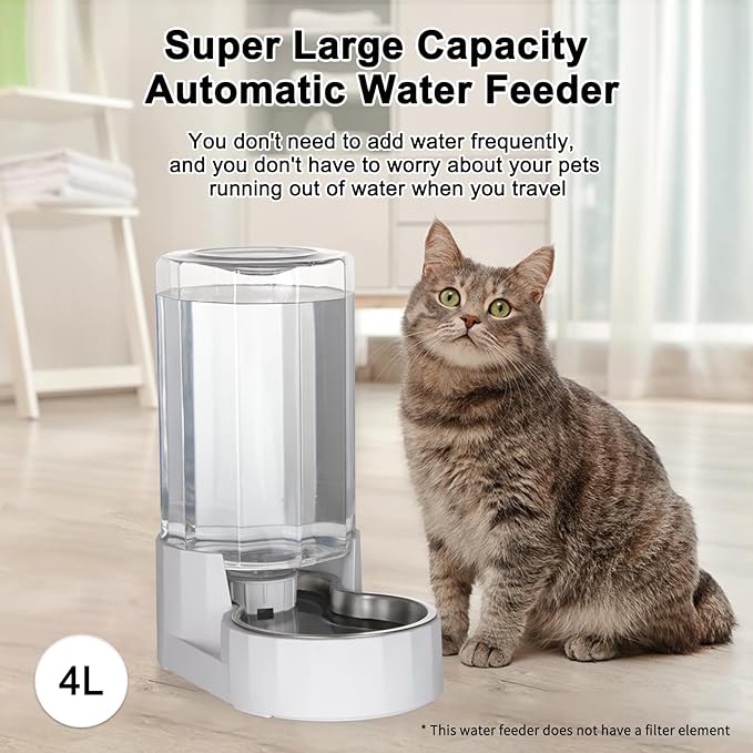 RIZZARI Automatic 4L Gravity Pet Water Dispenser with Stainless Steel Bowls, 100% BPA-Free,Safe and Large Capacity, Suitable for Small and Medium-Sized Cats and Dogs (4L Without Filter)