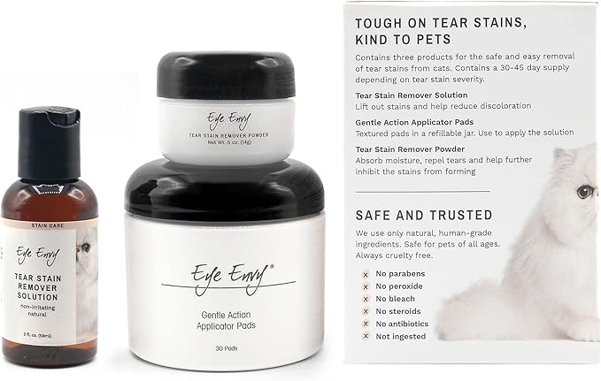 Eye Envy Cat Tear Stain Remover Starter Kit | Tear Stain Essentials in one kit at a 2-Step System | Lasts 30-45 Days | Solution 2 fl.oz, Applicator Pads 30 Count and Powder 0.5oz