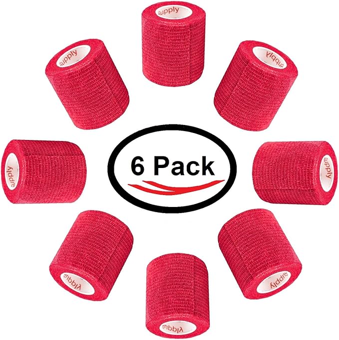 2 Inch Vet Wrap Tape Bulk (Red) (Pack of 6) Self Adhesive Adherent Adhering Flex Bandage Grip Roll for Dog Cat Pet Horse