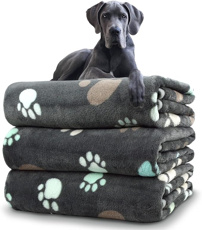 Dog Blankets for Large Dogs, 3 Pack Blanket Washable 41" x 31", Fuzzy Soft Pet Mat Throw Cover Kennel Crate Bed, Cute Grey Paw Pattern,Waterproof Cat Blanket