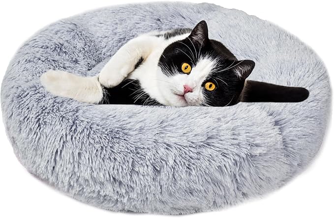 Aurako Cat Bed Dog Bed Round Cushion Pet Bed Mat Ultra Soft Plush Donut Sofa Comfortable Pillow Machine Washable Pet Cuddle Beds for Kitten Small Medium Large Dogs Cats 20" Light Gray