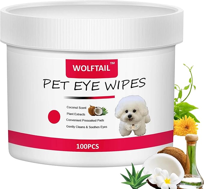 Dog Eye Wipes, Tear Stain Remover for Dogs & Cats - 100pcs Remove Eye Discharge and Crust - Coconut Oil Pet Cleaning Grooming Deodorizing Wipes for Eyes/Face, Natural and Non-Irritating