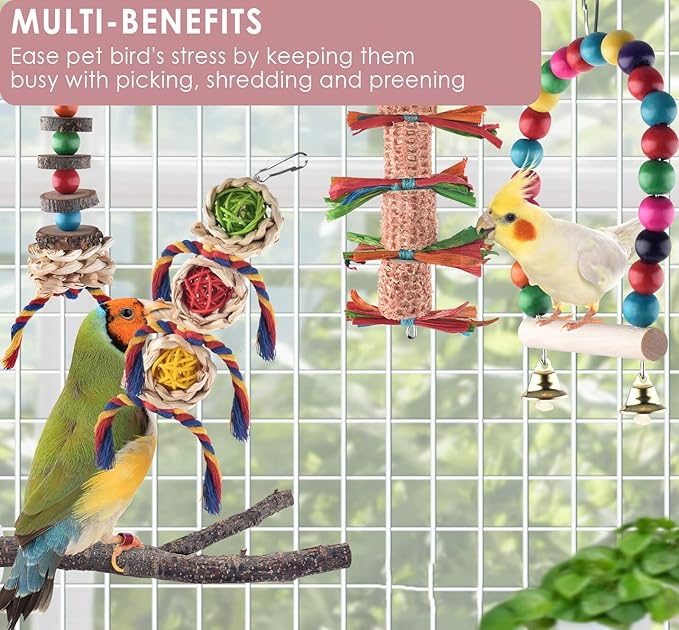 KATUMO Bird Toy Set, 6pcs Chew Toys & Perch for Small Birds, Conure, Cockatiel, Lovebird, Parakeet, Finch, Canary, Myna - Mental & Physical Workout, Relieves Boredom