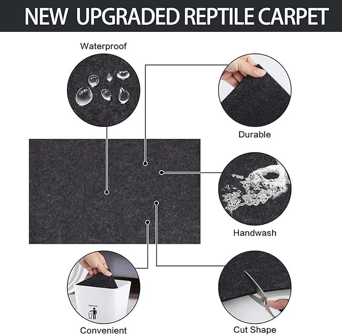 HERCOCCI 2 Pack Reptile Carpet, 39’’ x 20’’ Terrarium Bedding Substrate Liner Reptile Cage Mat Tank Accessories for Bearded Dragon Lizard Tortoise Leopard Gecko Snake (Black)