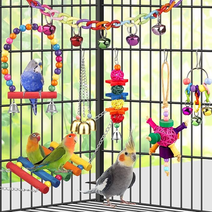 Bird Toys for Conures with Colorful Ladder hammock Bird Cage Accerious Bird Perch Stand Chewing Toys Hanging Bell Parrot Parakeet Cockatiel Lovebirds