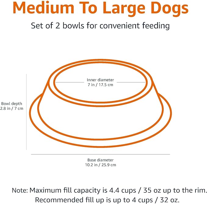 Amazon Basics Stainless Steel Non-Skid Pet Dog Water And Food Bowl, 2-Pack (10 x 2.8 Inches), Each Holds Up to 4 Cups