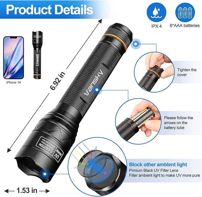 Vansky X7 Pro 365nm UV Light Blacklight Flashlights: LED Black Light Flashlite Professional Ultraviolet Flashlight Pet Urine Detector for Dog Cat, Resin Curing and Rock Hunting(Batteries are Included)