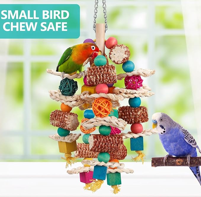 lovyoCoCo Parrot Toys Bird Toys Natural Corn Cob Bird chew Toys for Small and Medium-Sized Macaws,African Grey,Cockatoos,Amazon Parrots,Parakeet,Cockatiel,Sun Conure, Lovebird with Wooden Blocks