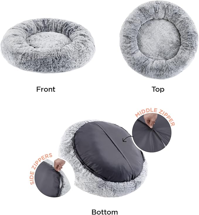 Best Friends by Sheri SnuggleSoft Faux Rabbit Fur Memory Foam Calming Donut Bed for Dogs and Cats, Grey, 30" x 30"