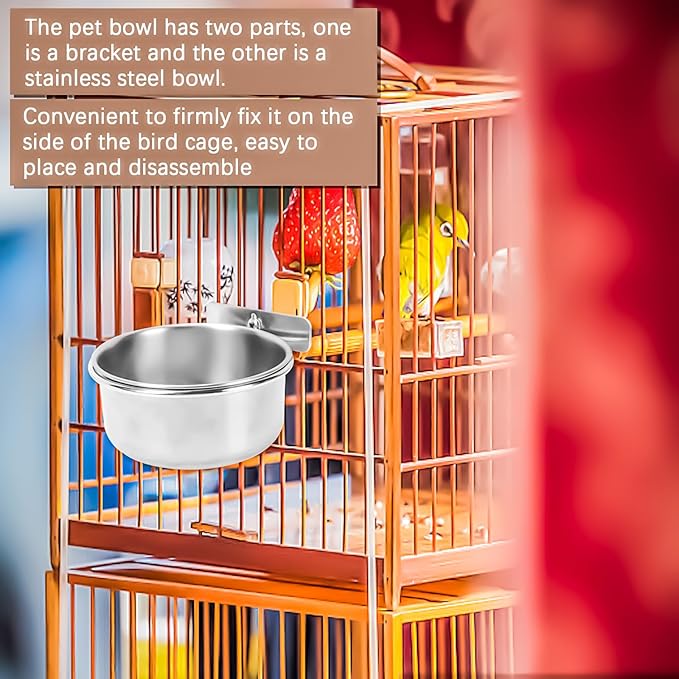 MotBach 2 Pack Stainless Steel Bird Feeding Dish Cups, Bird Feeder Parrot Food Water Bowls with Clamp, Pet Cage Cups Holder for Bird Parrot Cockatiel Conure Budgies Parakeet Small Animal