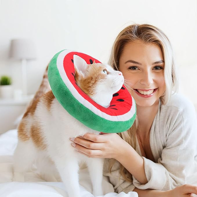 Frienda 2 Pieces Adjustable Cat Cone Collar Soft Cat Recovery Collar Cute Cat Elizabethan Collars Pet Neck Cone for Kitten and Small Dogs, Orange and Watermelon