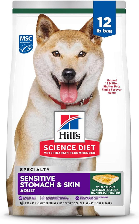 Hill's Science Diet Sensitive Stomach & Skin, Adult 1-6, Stomach & Skin Sensitivity Support, Dry Dog Food, Pollock, Barley, & Insect Recipe, 12 lb Bag