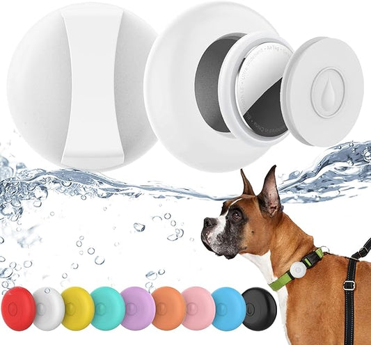 IPX8 Waterproof AirTag Dog Collar Holder, Hidden Air Tag Case for Cat Collar, Anti-Lost Silicone Cover for AirTag GPS Tracker Compatible with Pets Loop, Fits All Width Collars(White L)