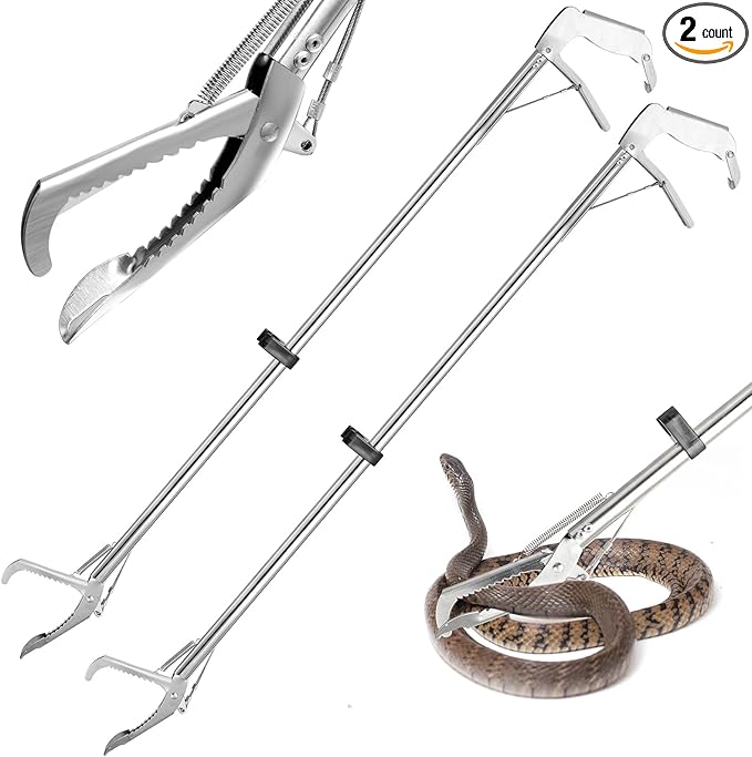 2 Pcs 47 Inches Snake Tongs, Snake Grabber Tool, Stainless Steel Snake Pole, Foldable Collapsible Wide Jaw Grabber for Rattlesnake Reptile