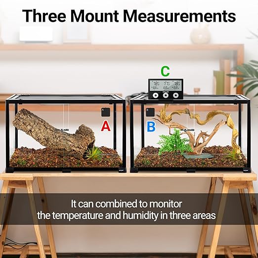 REPTI ZOO 3-Channels Reptile Thermometer Humidity Gauge, Wireless Digital Thermometer Hygrometer for Reptile Tank, Hygrometer Thermometer Monitor with Alarm Function Large Screen Display