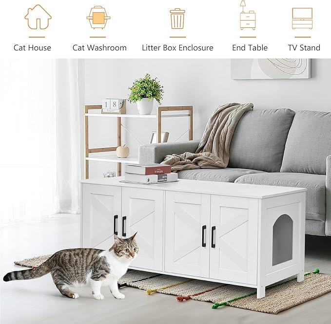 Cat Litter Box Enclosure for 2 cats, Litter Box Furniture Hidden with Double Room,Wooden Cat Washroom Furniture,Cat House,47.2”L x 19.7”W x 19.7”H,White