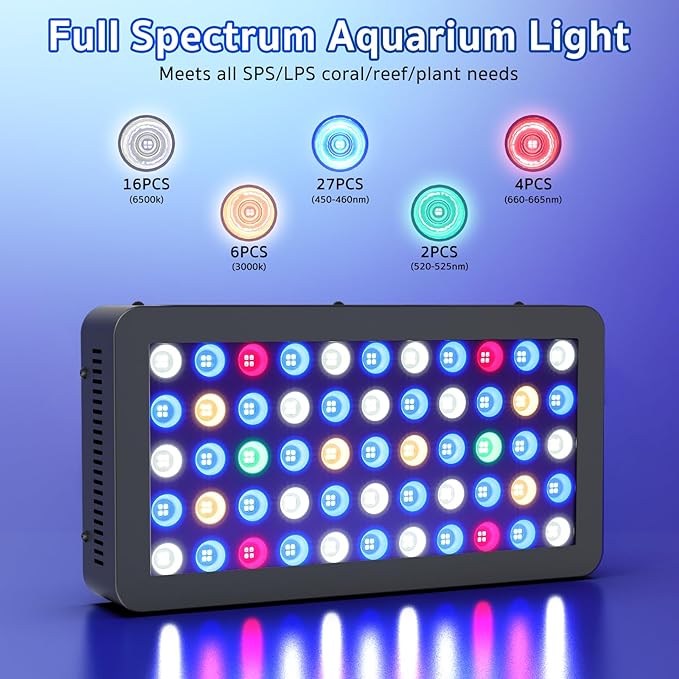 WILLS Aquarium Light, Remote Dimmable Full Spectrum Fish Tank Light with 3 Dimming Modes, 55 Premium SMD Chips, LED Touch Screen & Timer for Saltwater Freshwater Coral Reef Plant (15.7"x8.2"x2.7")