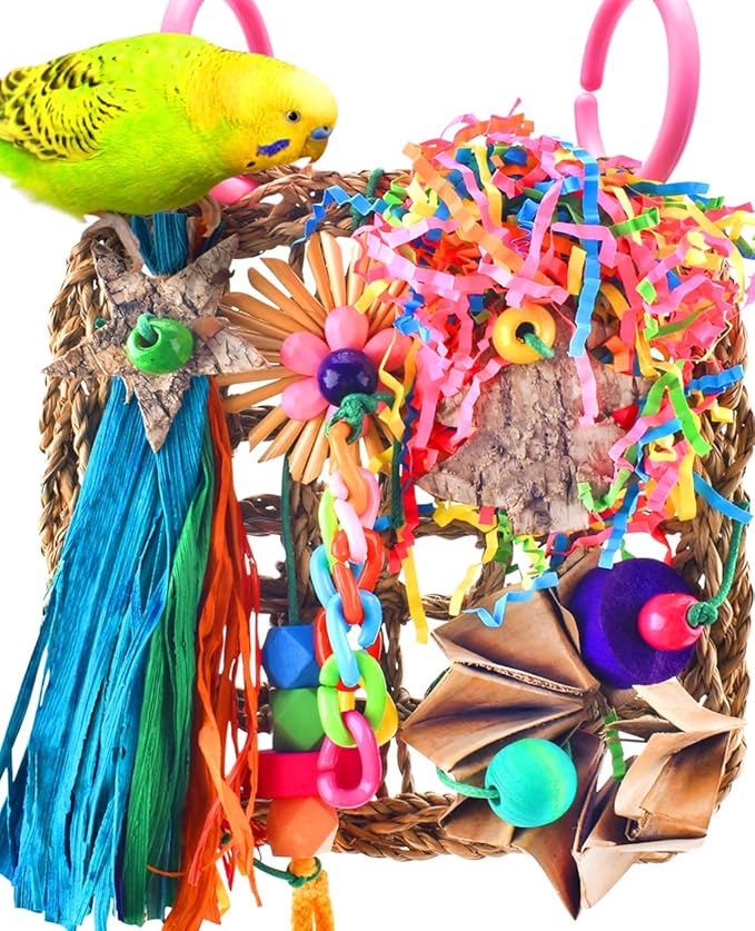 KATUMO Conure Toys, Bird Grass Mat Parakeet Shredder Hanging Toys Cockatiel Foraging Toys Parrot Climbing Wall Toys Lovebird Cage Toys for Small Birds