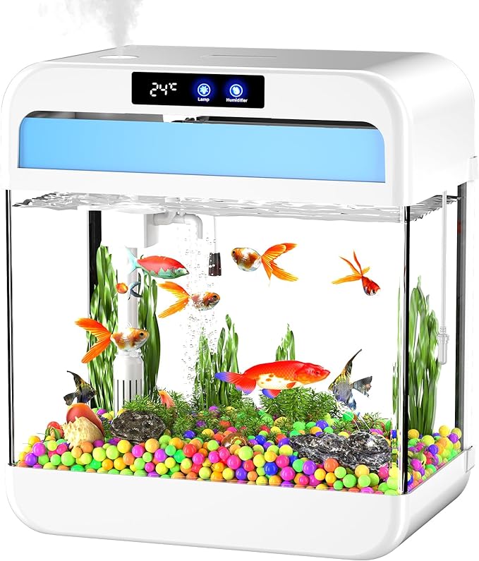 Fish Tank Aquarium 2.2 Gallon with Humidifier 7 Color Looping Light with Timer Self-Cleaning 3 in 1 Water Pump with Filteration & Oxygenation & Circulation, Temperature Display, HD Heat Bending Glass