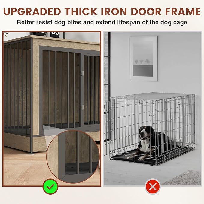 75 Inch Double Dog Crate Furniture for 2 Large Dogs with Trays, 3-in-1 Grey Large Double Dog Kennel TV Stand with Divider