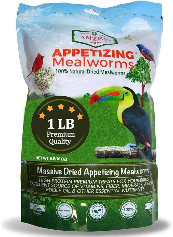 Amzey Dried Mealworms 1 LB, 100% Natural for Chicken Feed, Bird Food, Fish Food, Turtle Food, Duck Food, Reptile Food, Non-GMO, No Preservatives, High Protein and Nutrition, Zipped Bag