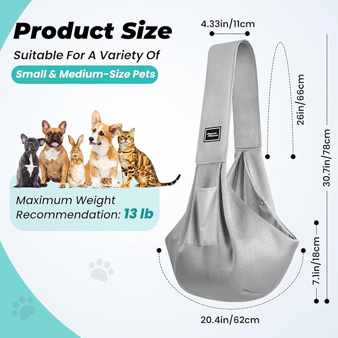 Dog Carrier Sling, Hand-Free Dog Sling Carrier for Small Dogs and Cats，Travel Safety Puppy Bag (Gray)