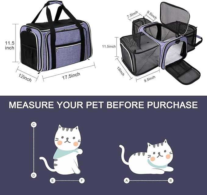 BAGLHER Cat Carrier Bag,Airline Approved Pet Carrier Soft Side Pet Travel 5 Sides Open Doors 3 Sides Expandable Foldable Dog Carrier with Fleece Pad