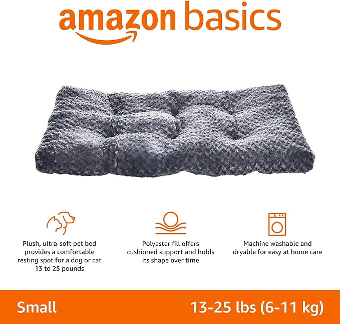 Amazon Basics Machine Washable Plush Pet Bed and Dog Crate Pad, Small, Gray, 29 x 21 x 3 Inches