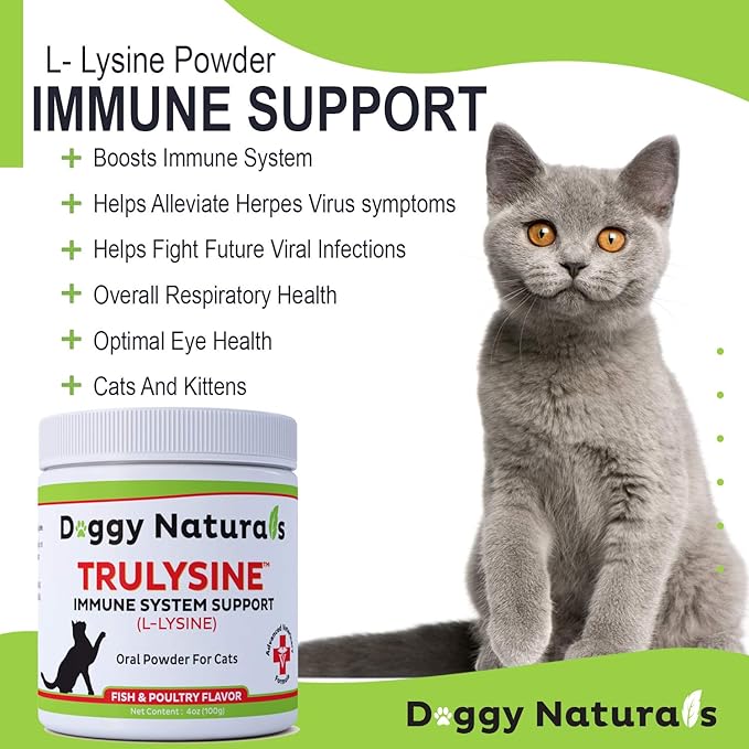 Trulysine L-Lysine for Cats Immune Support Oral Powder 4oz/100g - Cats & Kittens of All Age, Sneezing, Runny Nose Squinting, Watery Eyes - Fish & Poultry Flavor (U.S.A)(100 Grams ( 500mg / Scoop))