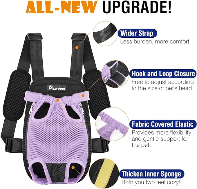 Pawaboo Pet Carrier Backpack, Adjustable Pet Front Cat Dog Carrier Backpack Travel Bag, Legs Out, Easy-Fit for Traveling Hiking Camping for Small Medium Dogs Cats Puppies, Extra Large, Purple