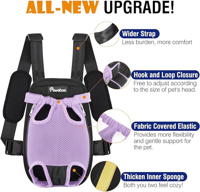 Pawaboo Pet Carrier Backpack, Adjustable Pet Front Cat Dog Carrier Backpack Travel Bag, Legs Out, Easy-Fit for Traveling Hiking Camping for Small Medium Dogs Cats Puppies, Small, Purple