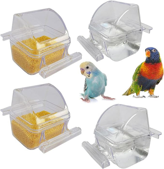 4 Pack Bird Feeders for Cage No Mess Parakeet Food Bowl with Cover Clear Hanging Parrot Water Dispenser Perch Cup Waterer Bird Dishes Seed Cage Cups Slot Replacement Feeder Bowls