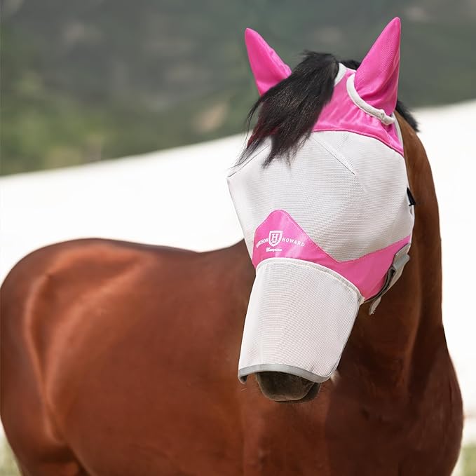 Harrison Howard Full Face Horse Fly Mask UV Protection and Breathable Mask for Equine Use Comfortable Fly Mask for Horses Magenta XL