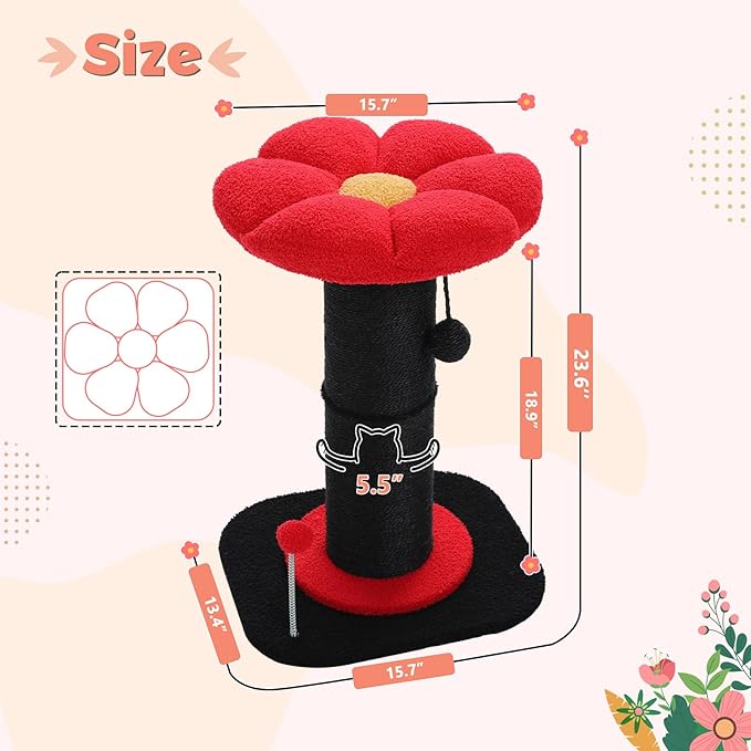 PEQULTI Flower Cat Scratching Post, Gothic Cat Tree, Tall Cat Scratcher for Indoor Cats with Super Thick Scratching Post [Dia=5.5''], Removable Flower Cat Bed, Cat Scratch Post with Spring Ball, Black